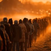 Eleitor consulta o celular próximo a uma urna eletrônica durante uma fila de votação.