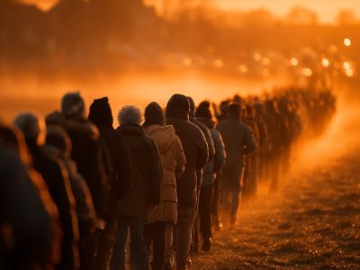 Eleitor consulta o celular próximo a uma urna eletrônica durante uma fila de votação.