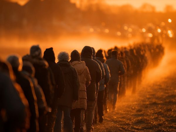 Eleitor consulta o celular próximo a uma urna eletrônica durante uma fila de votação.