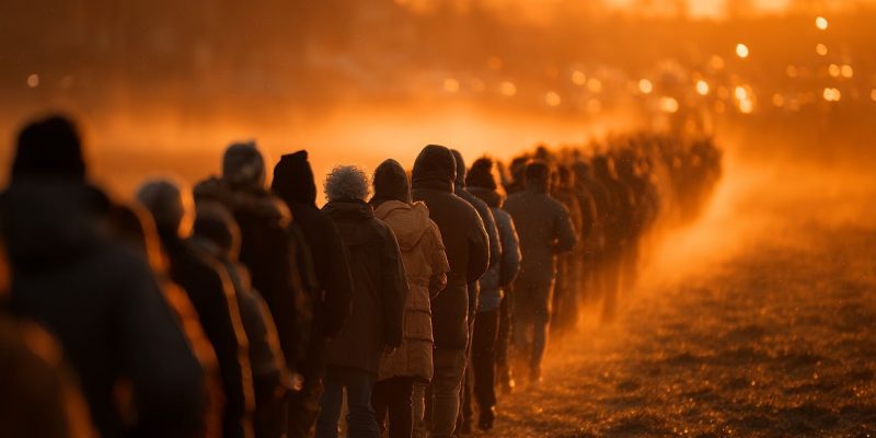 Eleitor consulta o celular próximo a uma urna eletrônica durante uma fila de votação.