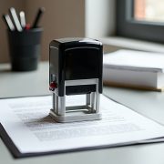 Documento administrativo sobre uma mesa, acompanhado de um carimbo de aprovação.