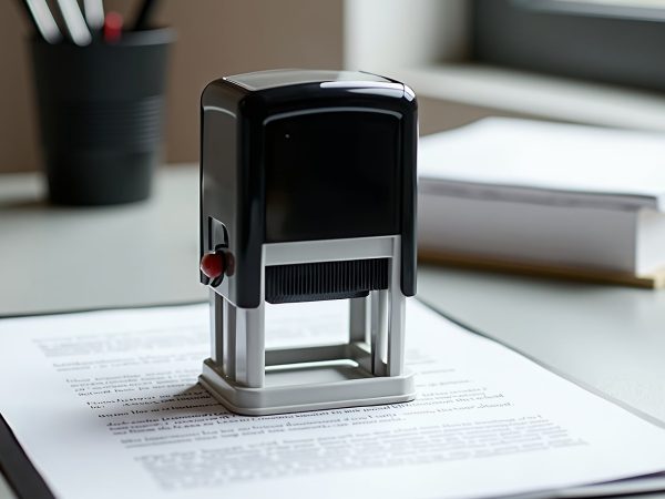 Documento administrativo sobre uma mesa, acompanhado de um carimbo de aprovação.