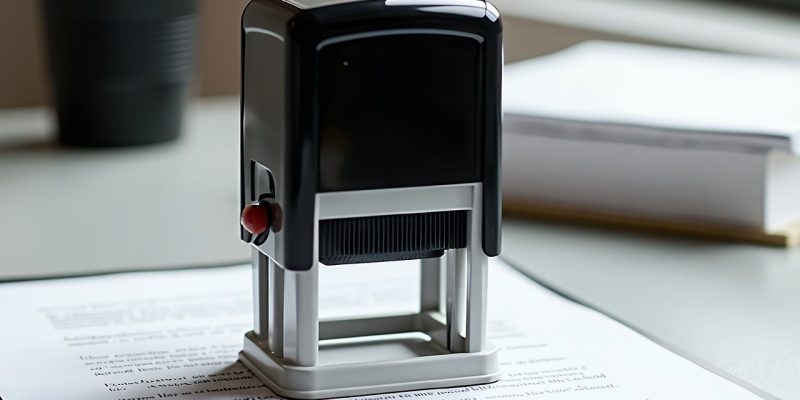 Documento administrativo sobre uma mesa, acompanhado de um carimbo de aprovação.